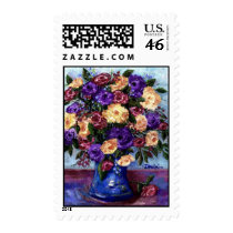 roses in blue vase postage