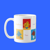 Roses, Sunflowers, Irises, mugs