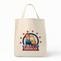 Rosie Riveter Proud American Grocery Tote bags by pinkinkart Rosie Riveter Proud American Grocery Tote bags