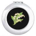 Round Compact Mirror: Lily of the Valley on Black