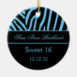 Round Ornament Light Blue Black Zebra Sweet 16