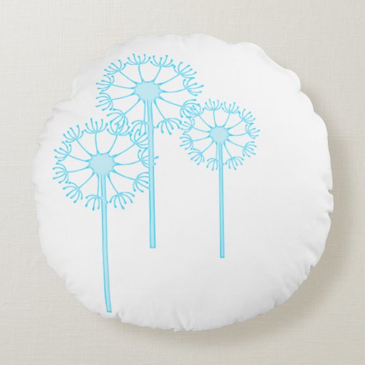 Round Throw Pillow, Turquoise Dandelion on White Round Pillow Zazzle