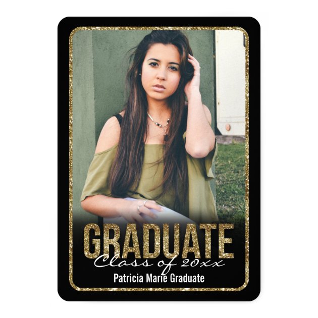 Rounded Glitter Photo Graduation 5x7 Paper Invitation Card (front side)