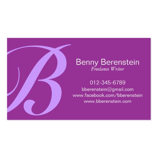 Roundhand Bold Monogram Purple Business Card (front side)