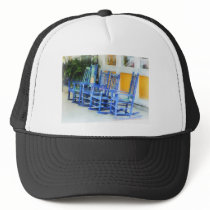 Row of Blue Rocking Chairs hats