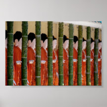 Row of pottery Buddhas and bamboo Posters