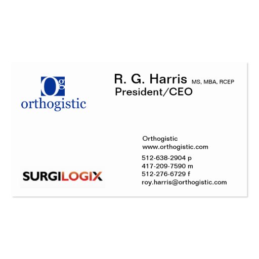Roy Harris - Orthogistic Business Cards (front side)