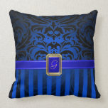 Royal Black Damask Blue Pinstripe Faux Jeweled Pillow