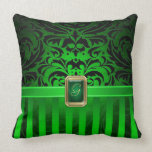 Royal Black Damask Green Pinstripe Faux Jewel Pillows