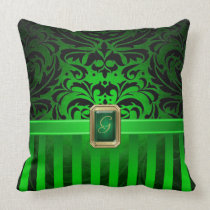 Royal Black Damask Green Pinstripe Faux Jewel Pillows