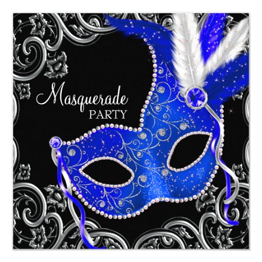 Royal Blue and Black Masquerade Party Announcements