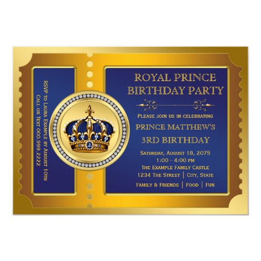 Royal Blue and Gold Prince Birthday Party Custom Announcements (front side)