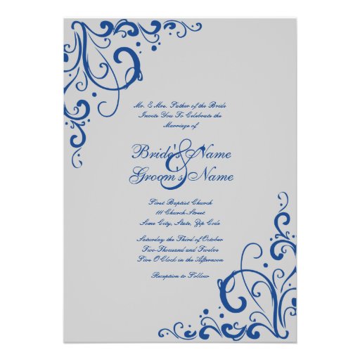 Royal Blue and Gray Flourish Wedding Invitation