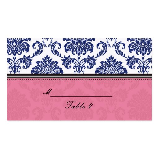 Royal Blue and Pink Damask Placecards Business Card Template (front side)