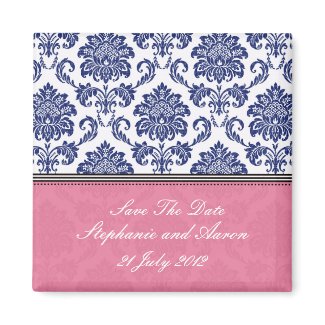 Royal Blue and Pink Damask Save The Date magnet