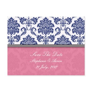 Royal Blue and PInk Damask Save The Date postcard
