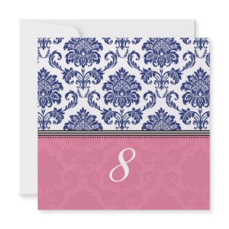 Royal Blue and Pink Damask Table Number invitation