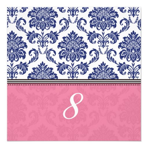 Royal Blue and Pink Damask Table Number Personalized Invites