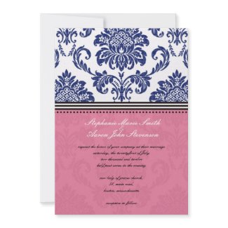 Royal Blue and Pink Damask Wedding Invitation invitation