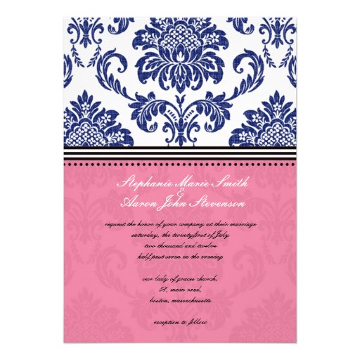 Royal Blue and Pink Damask Wedding Invitation
