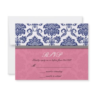 Royal Blue and Pink Damask Wedding RSVP invitation