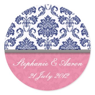 Royal Blue and Pink Damask Wedding Sticker sticker
