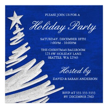 Navy Blue and Silver Christmas Party Invitation Card. A modern holiday party invitation featuring a silver Christmas tree topped with a star. Ideal for business and corporate functions throughout the Holiday period. 