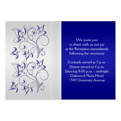 Royal Blue and Silver Floral Enclosure Card Business Card Templates (back side)