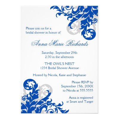 Royal Blue and Silver Flourish Bridal Shower Personalized Announcement
