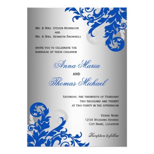 Royal Blue and Silver Flourish Wedding Personalized Announcements