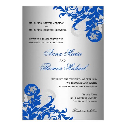 Royal Blue And Silver Flourish Wedding 5x7 Paper Invitation Card Zazzle Royal Blue And Silver Wedding Invitation Templates