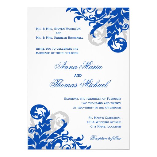 Royal Blue and Silver Flourish Wedding Invitation