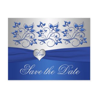 Royal Blue and Silver Heart Save the Date Card postcard