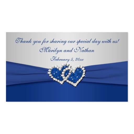 Royal Blue and Silver Joined Hearts Favor Tag Business Card Template (front side)