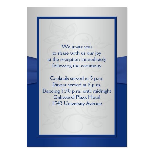 Royal Blue and Silver Joined Hearts Reception Card Business Card Templates (back side)