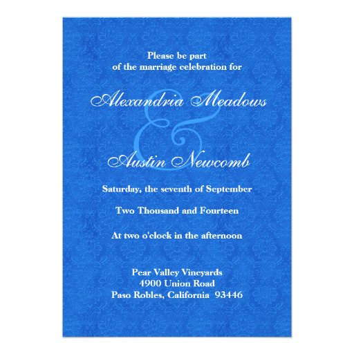 Royal Blue and White Damask Square Wedding A457 Custom Announcements