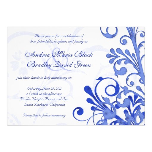Royal Blue and White Floral Wedding Invitation