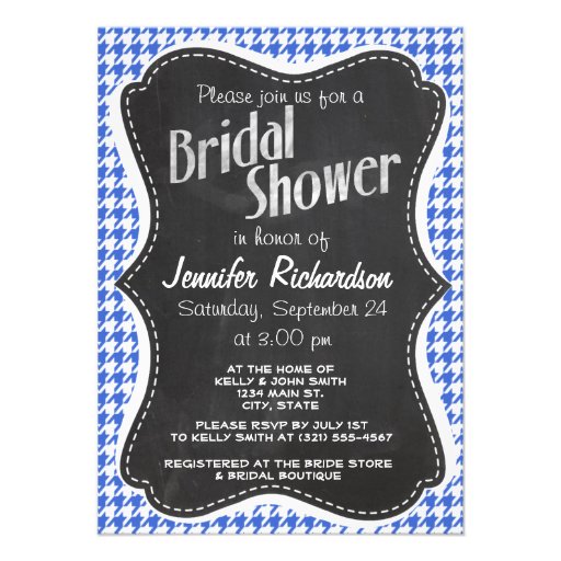 Royal Blue and White Houndstooth; Chalkboard look Custom Invites
