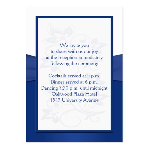 Royal Blue and White Joined Hearts Reception Card Business Card Templates (back side)