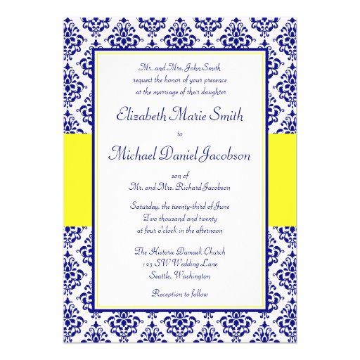 Royal Blue and Yellow Damask Wedding Invitations