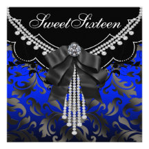 Royal Blue Black Damask Sweet Sixteen Birthday Par Personalized Invites