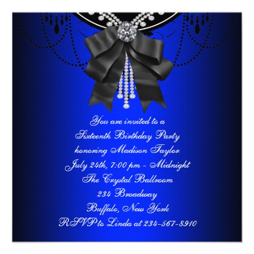 Royal Blue Black Damask Sweet Sixteen Birthday Par Personalized Invites