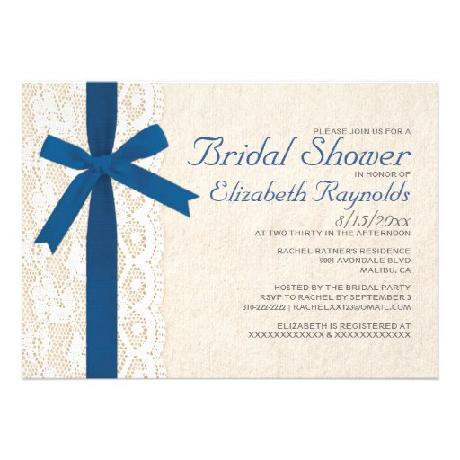 Royal Blue Bow & Lace Bridal Shower Invitations