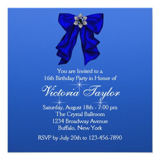 Royal Blue Bow Sweet 16 Birthday Party Announcement