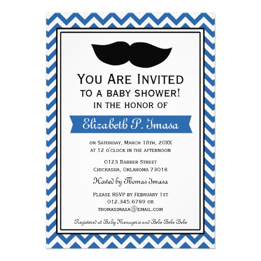 Royal Blue Boy Moustache Chevron Baby Shower Invite