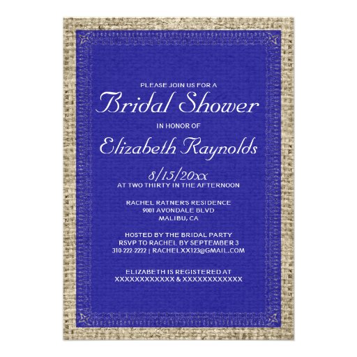 Royal Blue Burlap Bridal Shower Invitations