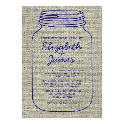 Royal Blue Burlap Mason Jar Wedding Invitations