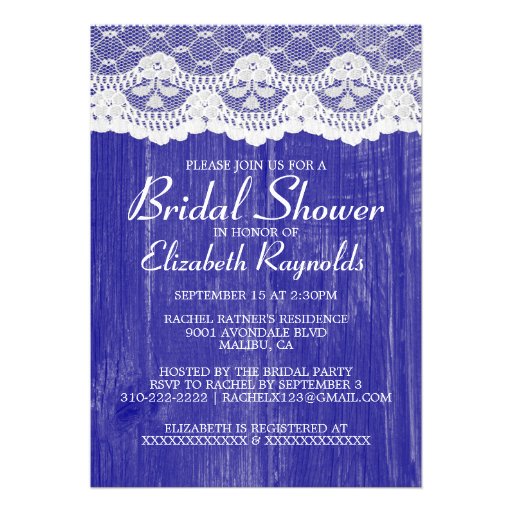 Royal Blue Country Lace Bridal Shower Invitations