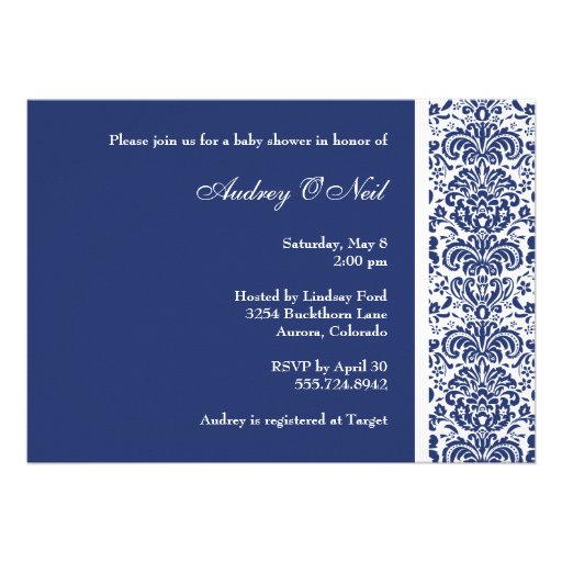 Royal Blue Damask Baby Shower Invitation