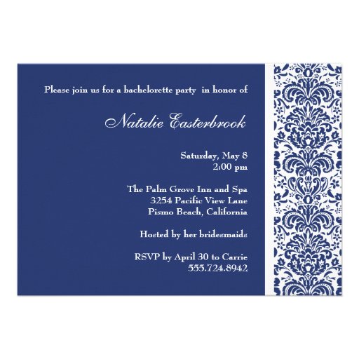 Royal Blue Damask Bachelorette Party Invitation